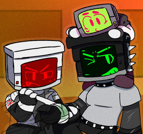 (2024) artfight attack on CITYSTREETFUNK featuring his characters; franky (left) slash (right) and heart (top right)