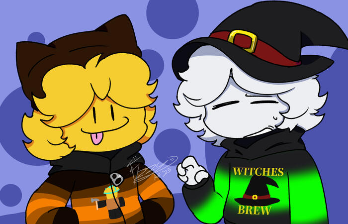 (2025) artfight attack on joomin featuring his oc brew (right) and my oc soda (left)