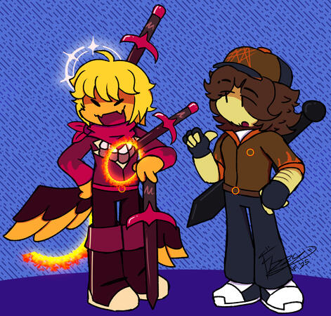 (2025) artfight attack on checkerstheclown. featuring their oc, firebrand (left), and my oc, enid (right).