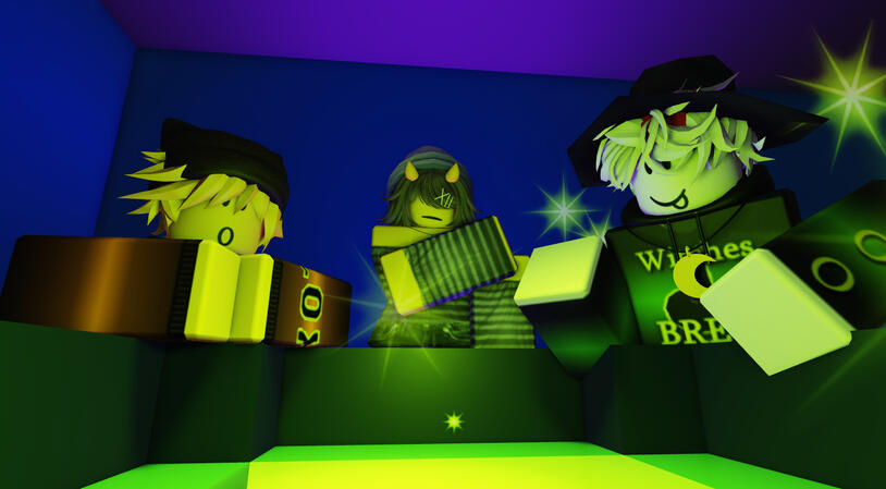 (2025) first render i did in studio with my oc soda (left), an early version of oleafnder's oc bloxi (middle), and joomin's oc brew (right)